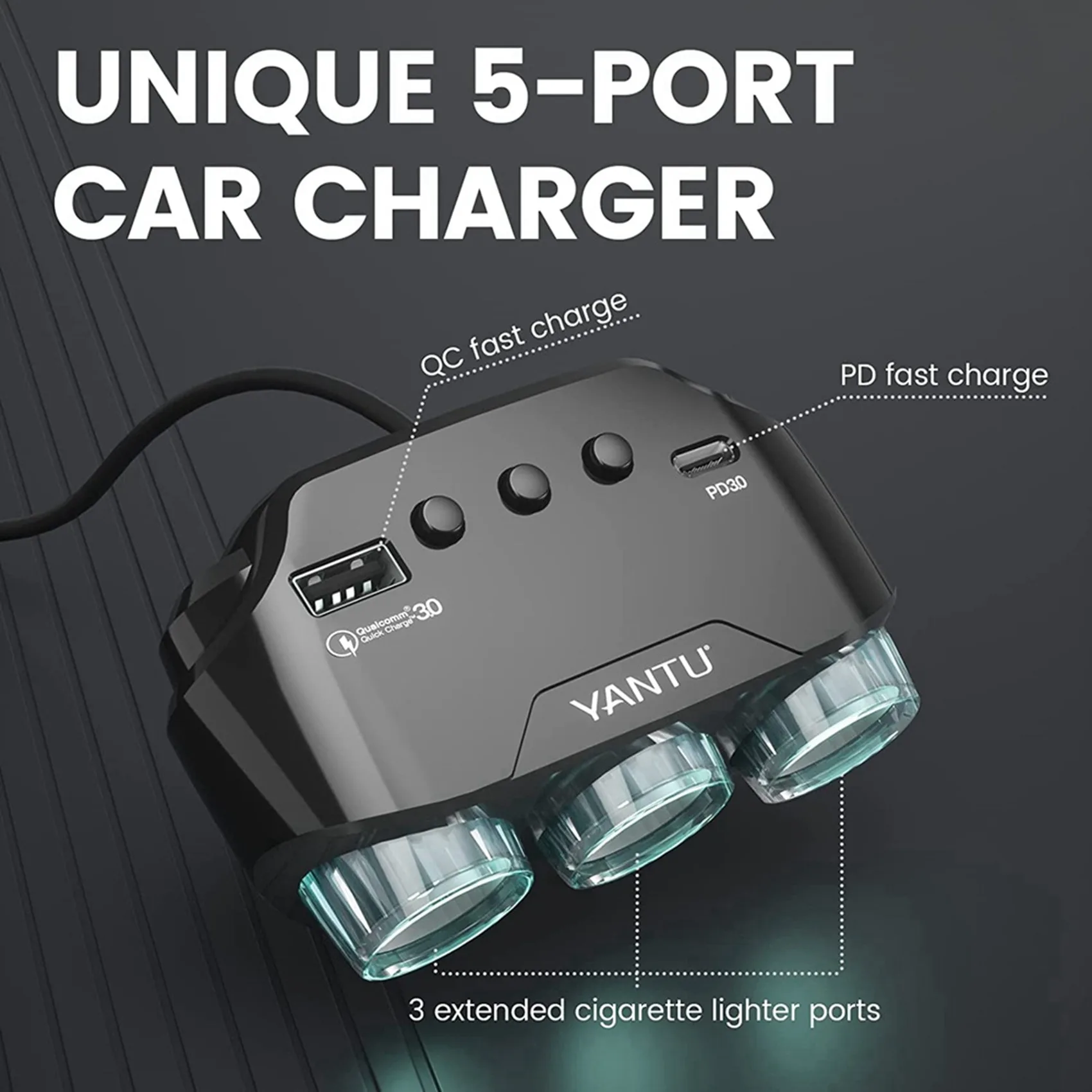 YANTU QC3.0 120W 12V/24V 3-Socket -Cigarette Lighter Splitter DC Outlet Adapter with 3 USB Car Charger, with LED Voltage Display