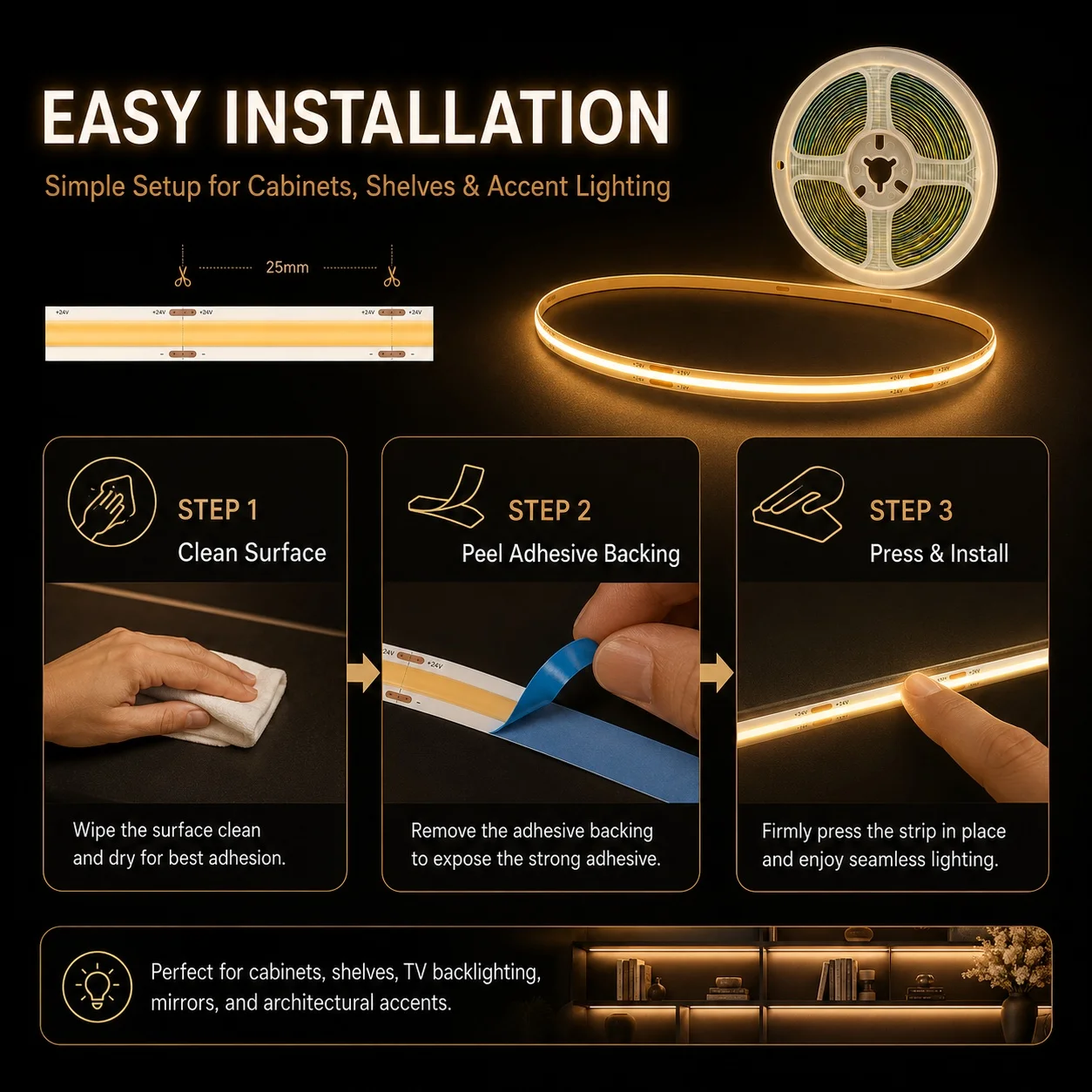 USB Touch Dimmer COB LED Light Strip Dotless High Density Flexible Ribbon Lamp Multiple Sizes For Home Ambient Ornament Lighting