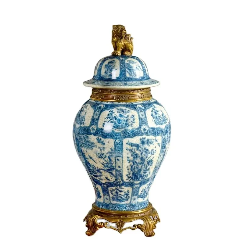 

The latest design of blue and white luxury brass and porcelain jars with copper lion lids and ceramic decorative jars for