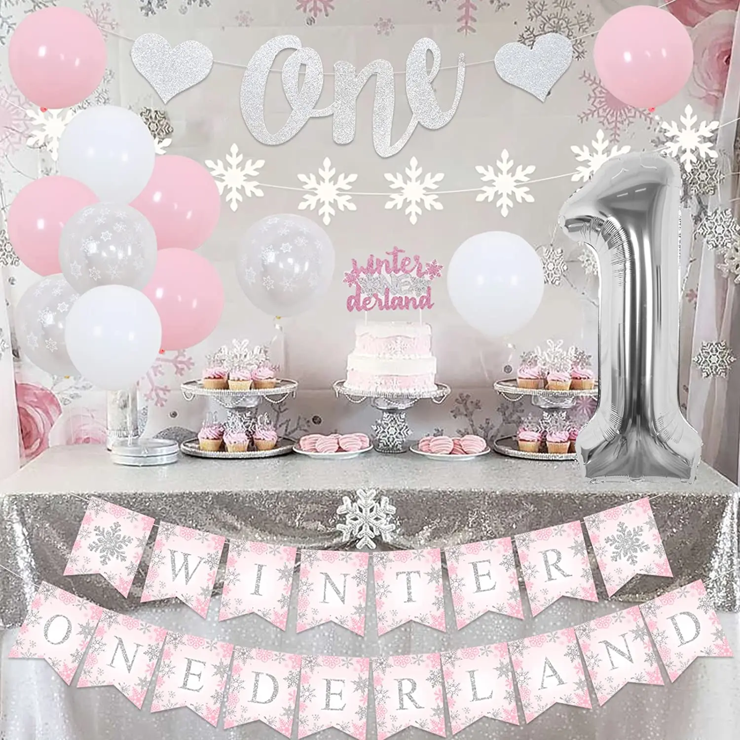 Cheereveal decoraciones de fiesta de primer cumpleaños de Onederland para niña, globos temáticos de copo de nieve rosa, pancarta, guirnalda, adorno para pastel, Invierno