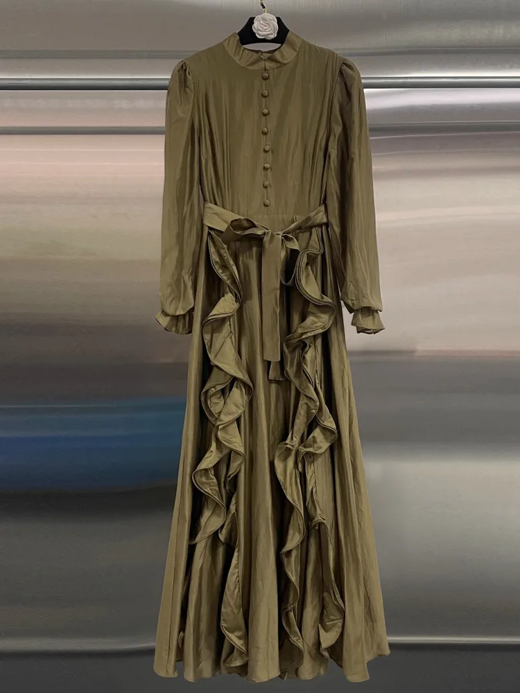 DFDG femmes 2025 printemps été élégant luxe Chic robe Maxi à volants cravate taille coupe ajustée mode soirée robe de Cocktail