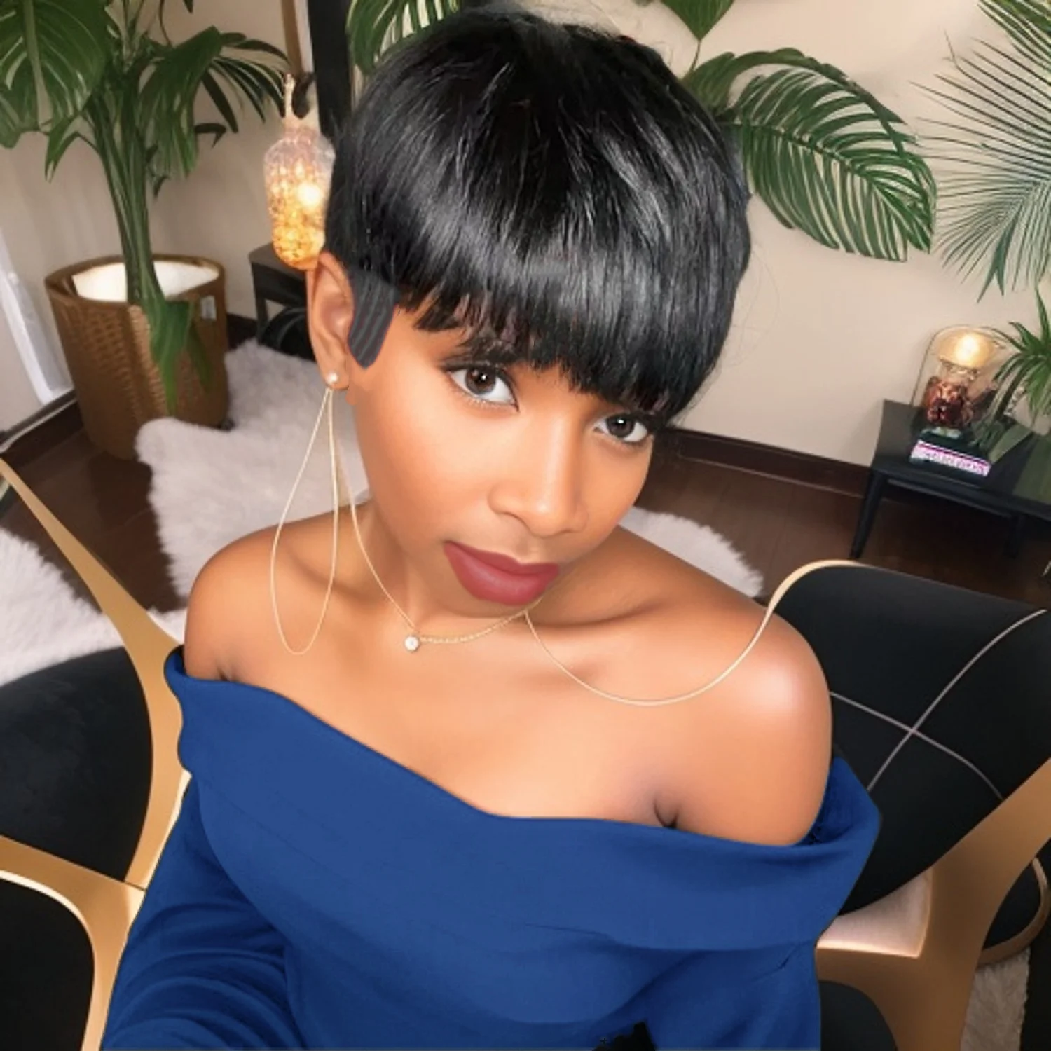 짧은 픽시 스트레이트 인모 가발 앞머리 포함 풀 머신 메이드 가발