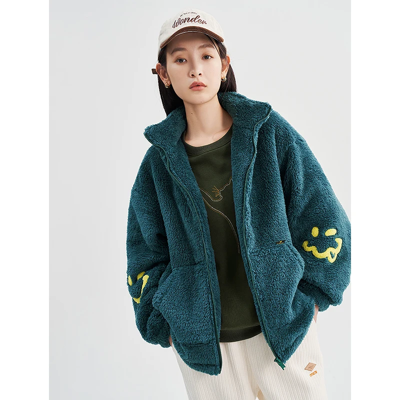 Toyouth Women Imitation Lamb Fleece Coat 2023 Winter Long Sleeve Stand Collar Loose Jacket Smiling Face Fashion Warm Outwear