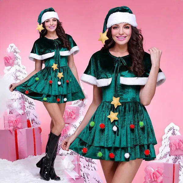 green-christmas-tree-women's-christmas-dress-fashion-short-sleeved-ball-fairy-tale-christmas-dress-outfit-set