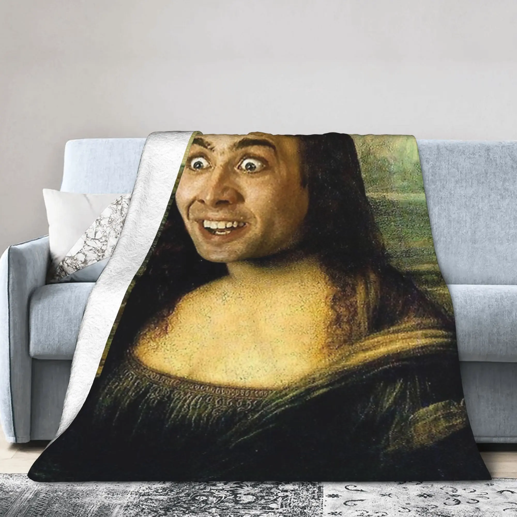نيكولاس كيج كما الموناليزا البطانيات الصوف الربيع/الخريف المحمولة خفيفة الوزن رمي بطانية للمنزل سيارة المفرش