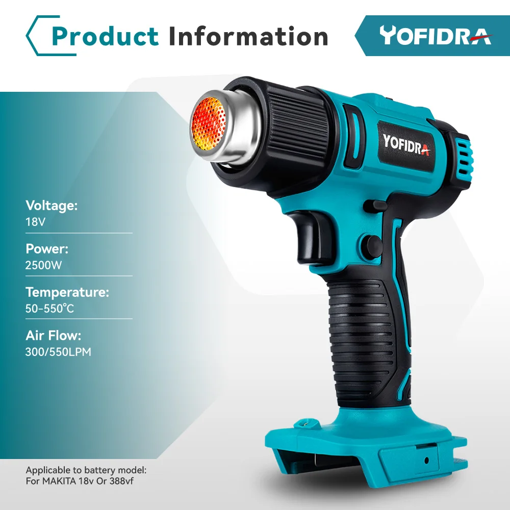 Yofidra 2500w elektrische Heißluft pistole 6 Gänge einstellbare LED-Temperatur anzeige Löten Thermo gebläse für Makita 18V Batterie