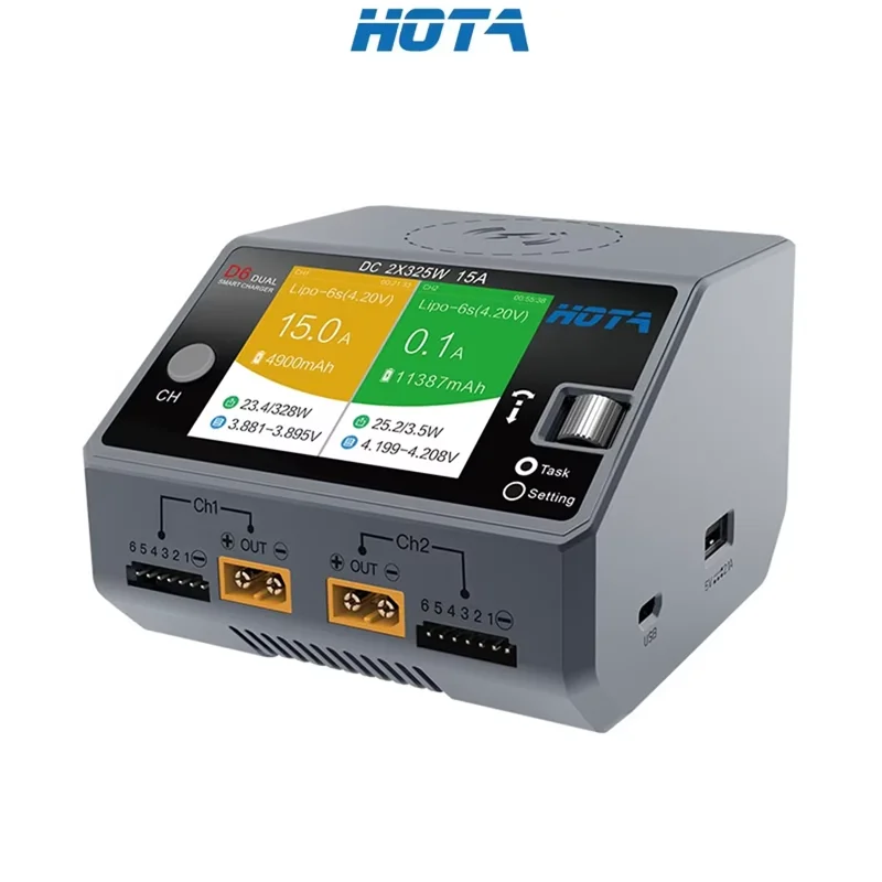 HOTA D6 Dual Smart Charger DC650W 15A Максимальный ток 1600 мА Встроенный Micro USB для 1-6S Lipo LiHV/NiZn/Nicd/NiMH аккумуляторов