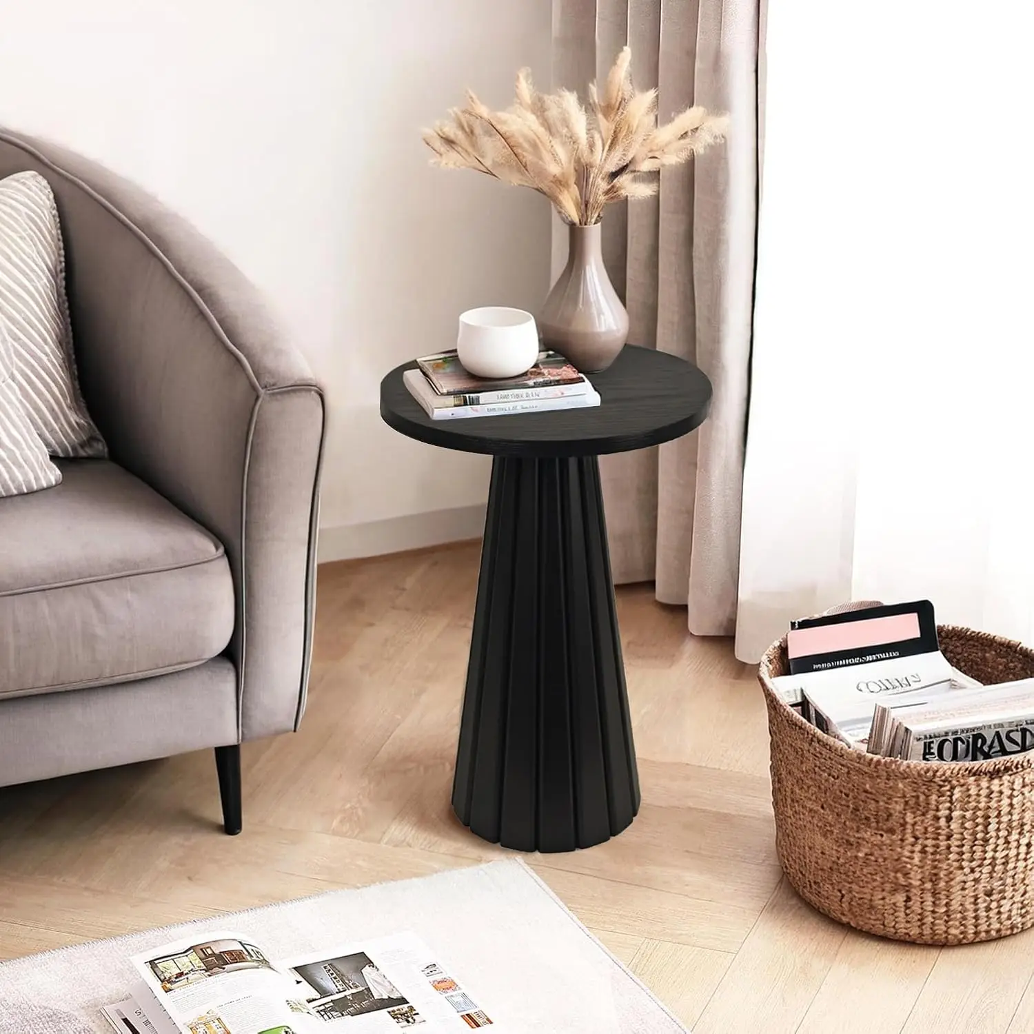 Fluted Drum Side Table Small Round Side Table Pedestal End Table Modern Accent Drink Table Plant Stand Furniture Unit For Living Room Bedroom Office Small Spaces Black