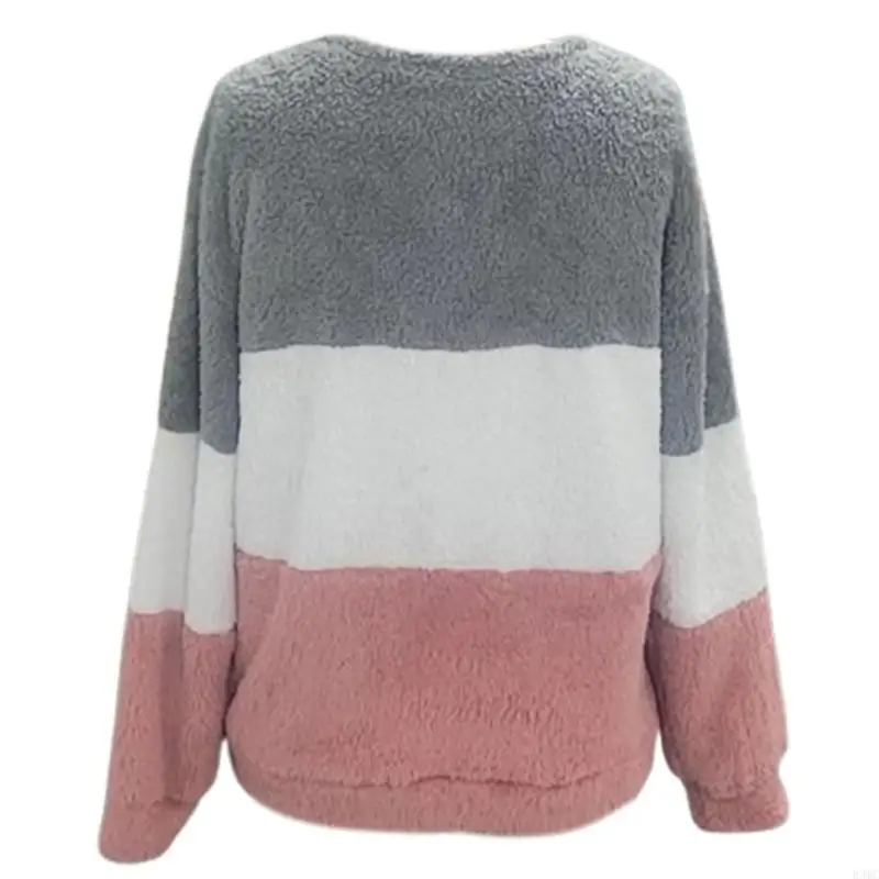 R3MC Sweat-shirt à manches longues col rond pour Pull en polaire rayé