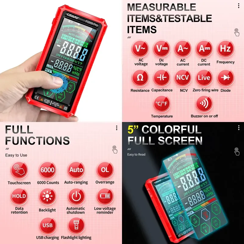 Full Functions 6000 Counts 5999 Digits Touch Screen Auto-ranging Smart Digital Multimeter Multi Tester Rechargeable