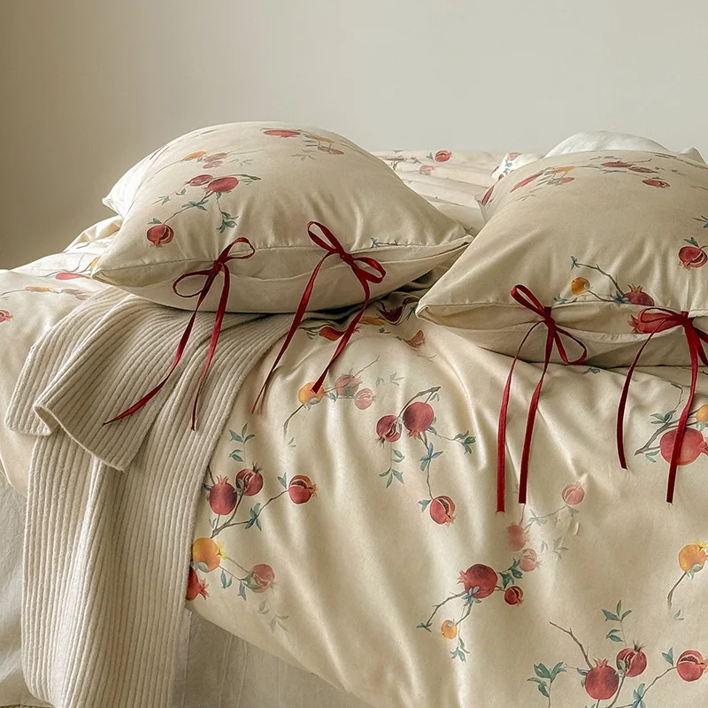 Linen-cotton Duvet Cover Sets Single Pomegranate Printed Bedding Set Princess Style No Filler Flat Sheet Pillowcase  Bed Sheets