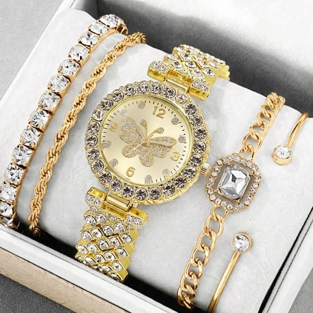 5Pcs/Set Butterfly Unisex Jewelry Watches Women's Wristwatch Accessories Gold Trendy Fashion Elegant Classic Exquisite Light Luxury Rhinestone Luxury Quartz Watch Set Y2K Suitable for Daily Outfits Perfect Birthday Holiday Gift