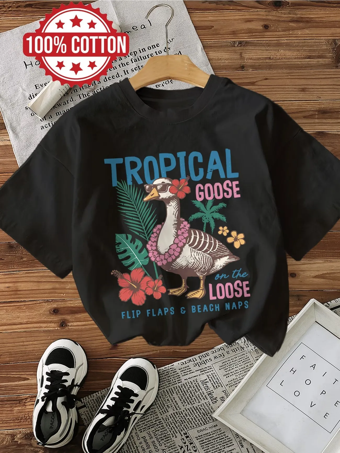 Kawaii Goose with Flower Print 100% Cotton T-Shirt Women Fashion Vacation T Shirt Round Neck Short Sleeve Top Tee Loose Clothes