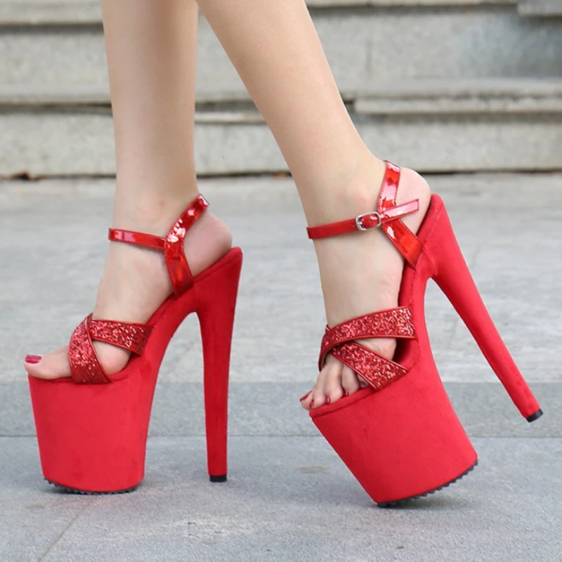 20CM Bling Sequined Women's Sandals with Heels Nightclub Pole Dancing Model Party Sandals 8inch Stilettos Wedding Stripper Shoes