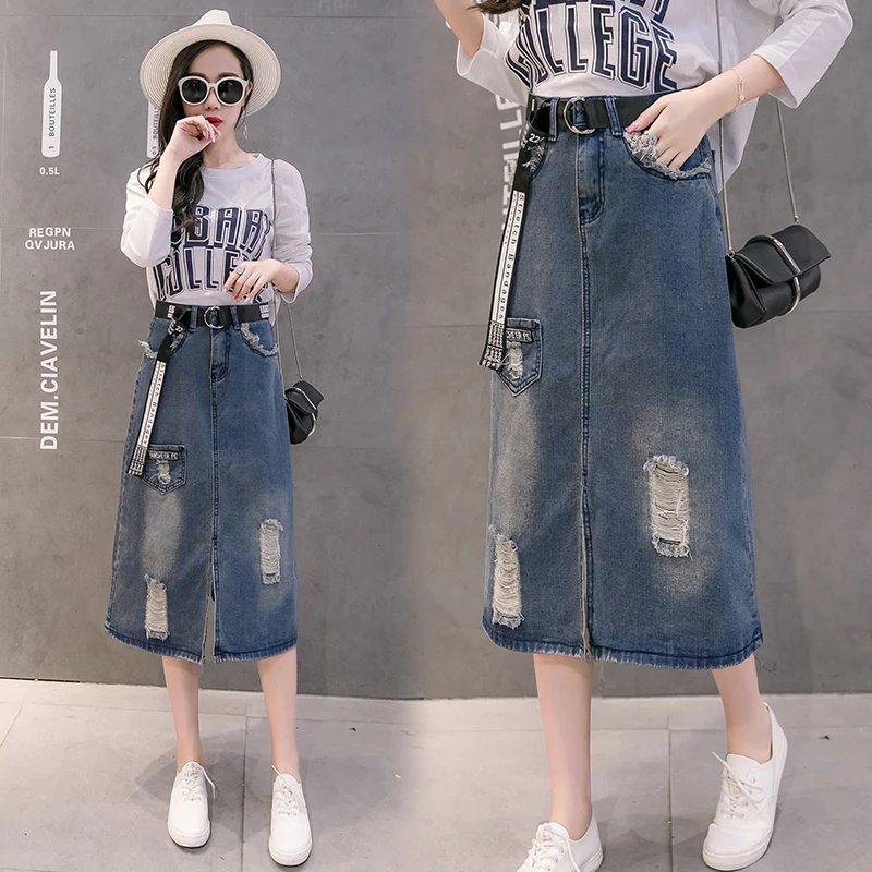 

Mid length high waisted A-line denim skirt for spring and autumn 2024 new perforated bag skirt denim half skirt women's skirt