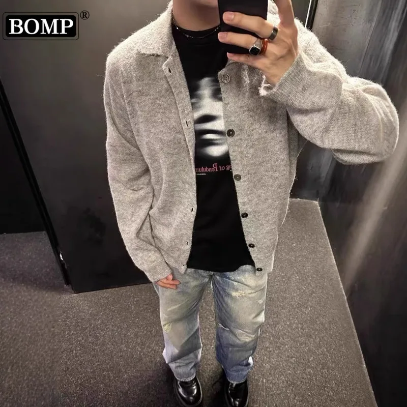 [BOMP] Black Wool Blended Knitted Sweater Button Collar Jacket Men's Sweater Long Sleeve Cardigan Street Trend New Fashion