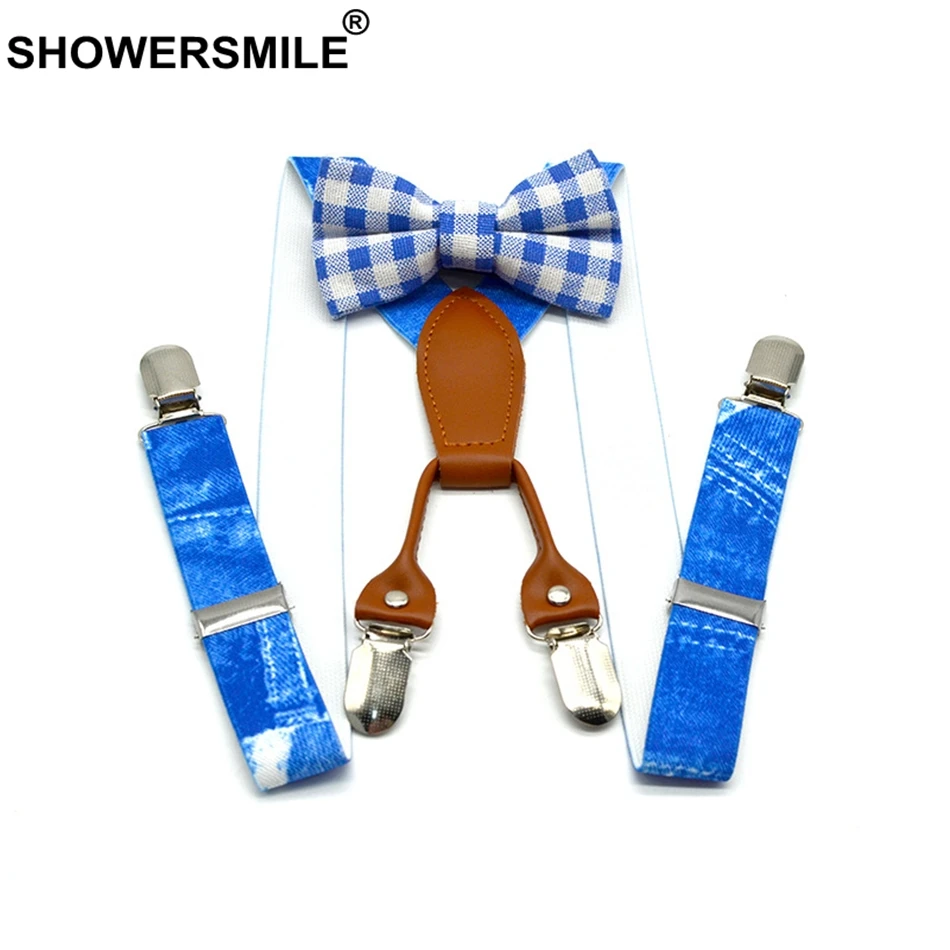 Showersmile meninos suspensórios impressão denim azul suspensórios e gravata borboleta conjunto crianças couro 4 clipes elástico ajustável criança calças cinta