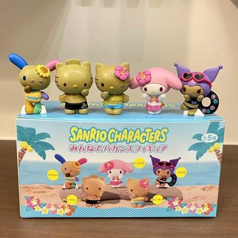 Anime Figuur Sanrio Hello Kitty Kuromi Melody Zwarte Huid Kt Kat Zomer Kust Vakantie Serie Blind Box Speelgoed Ornament Kid Geschenken