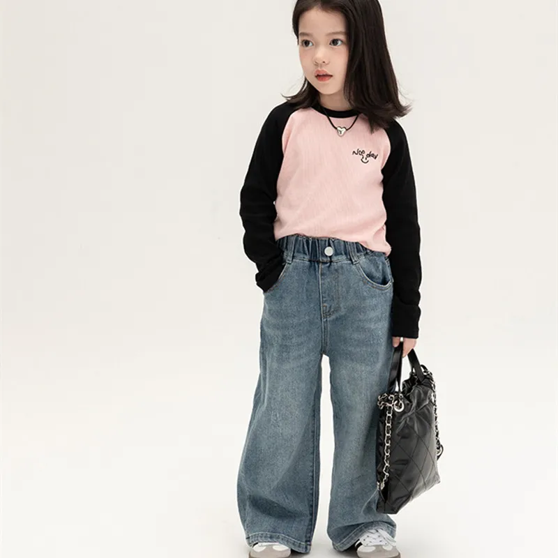 Spring Autumn Kids loose all-match straight jeans Boys and girls Korean style casual wide leg pants