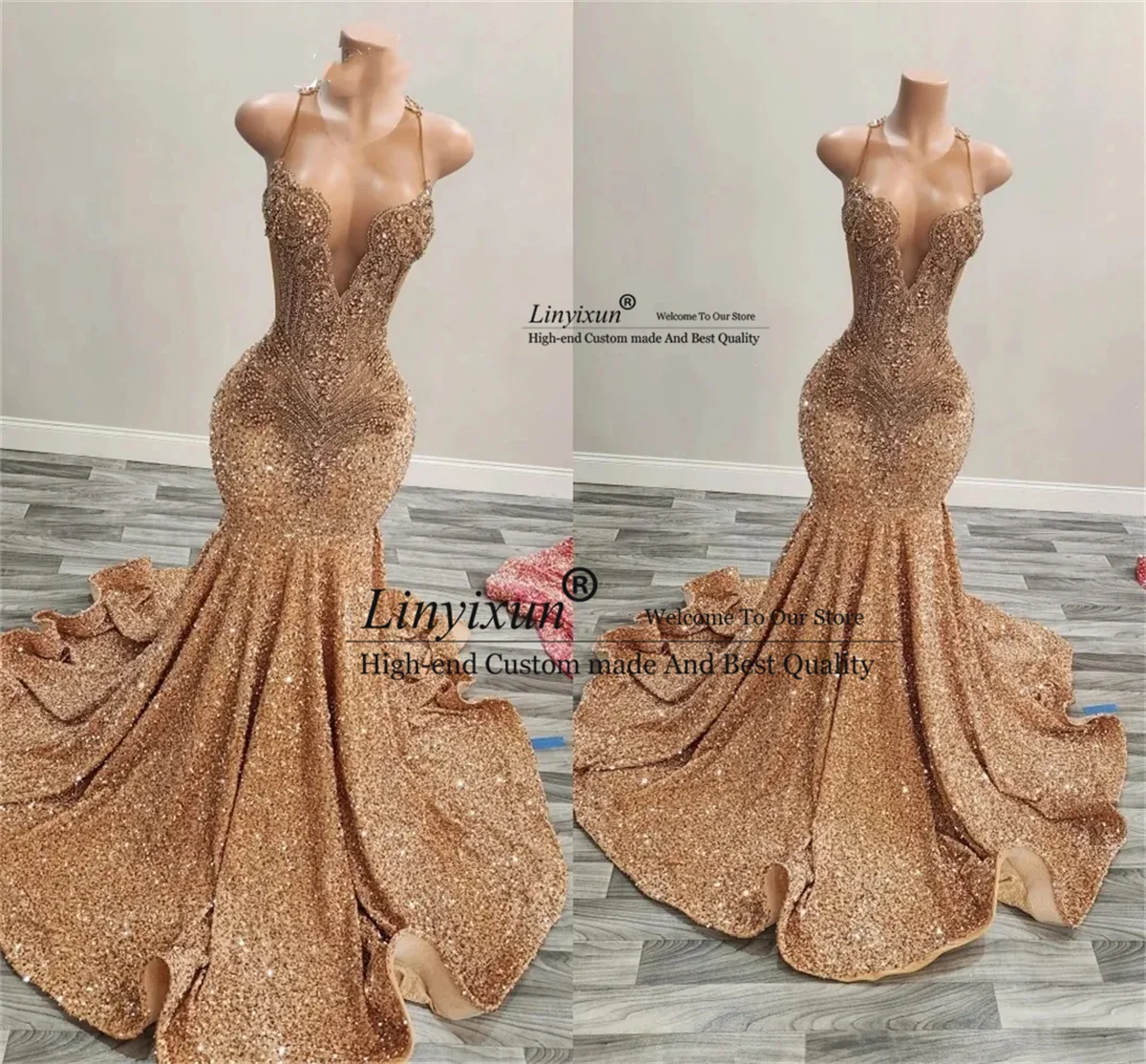 Glitter Gold Diamonds Sequins Mermaid Prom Dress For Black Girls Rhinestones Beaded Evening Party Gala Gown Robes De Soiree