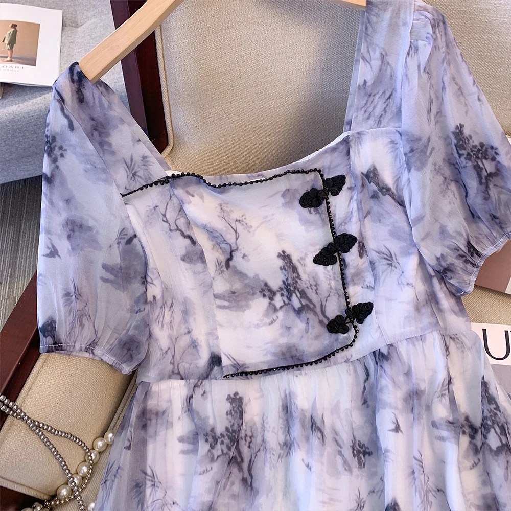 Vestido informal de verano de talla grande para mujer, falda decorativa con botones de bandeja de estilo chino con estampado de tinta, tela de malla