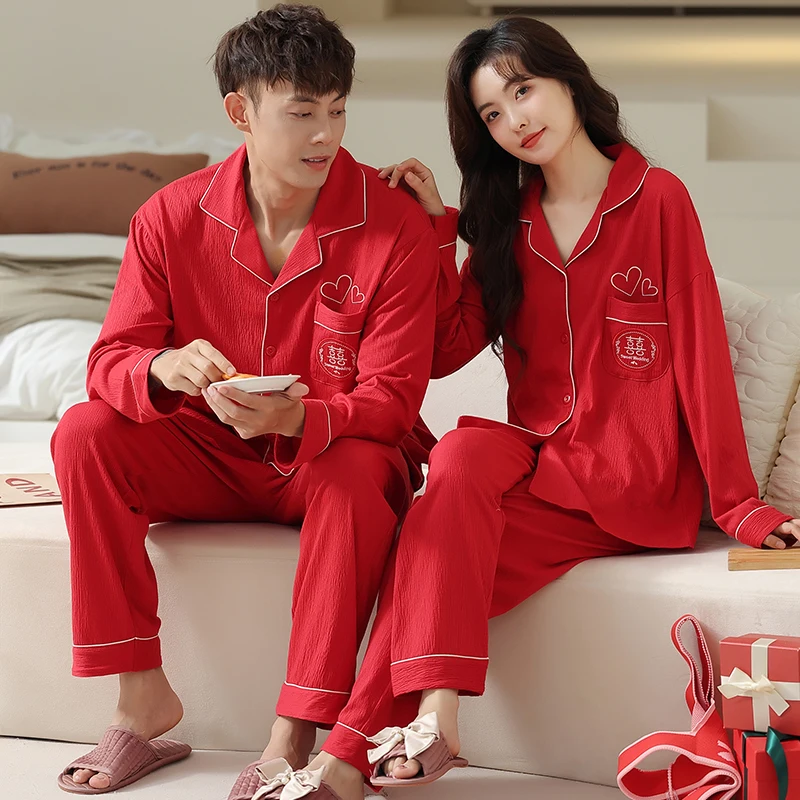 Autumn Couples Sleepwear Festival Red Cardigan Pajamas Set Long Sleeve Lovers Pyjamas Suit Male & Female Cotton Pijamas Mujer