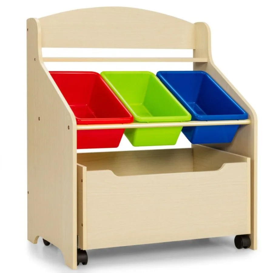 

Wooden Toy Storage Unit Organizer with Rolling Toy Box and Plastic Bins