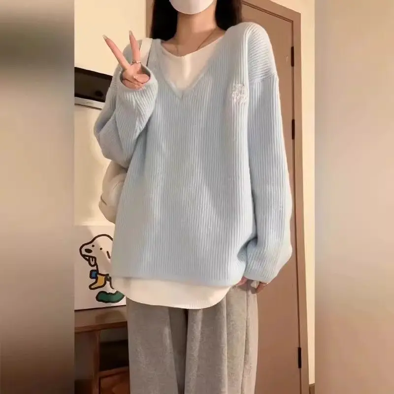 

Korean Women's 2024 New Autumn Winter Patchwork Pullovers V-neck Fake Two-piece Sweater Fashion Loose Long Sleeved Knitted Top