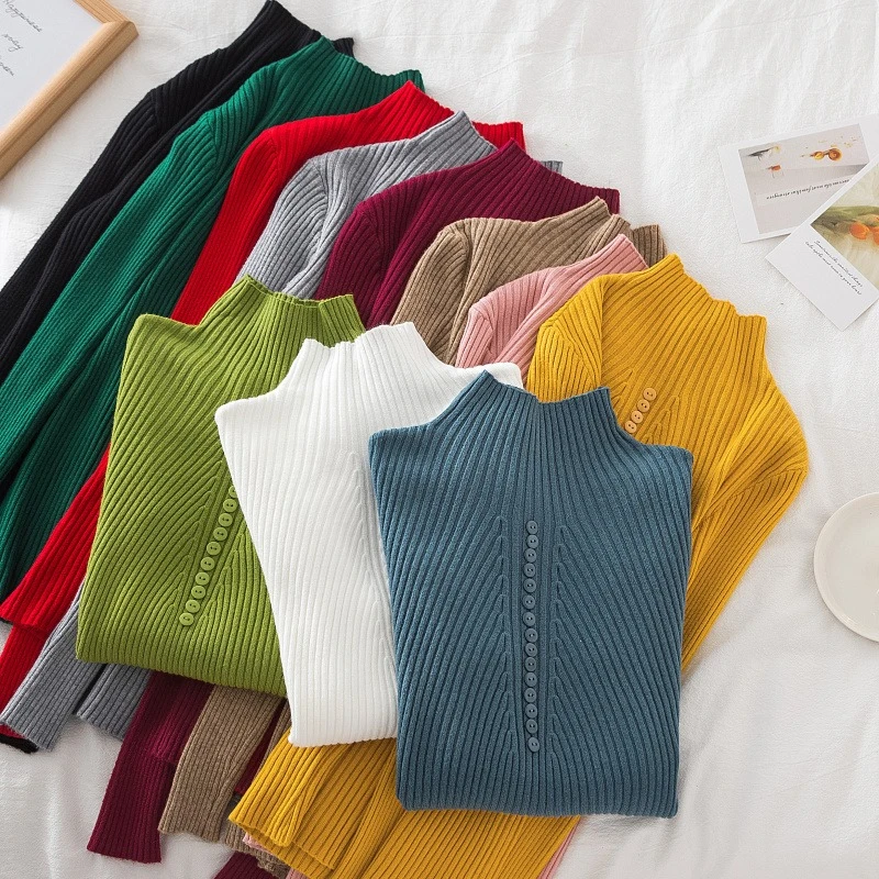

Fashion Solid Color With Button Long Sleeve Ladies Sweater Women Turtleneck Pullovers Autumn Winter Jumper Knitted Basic Tops