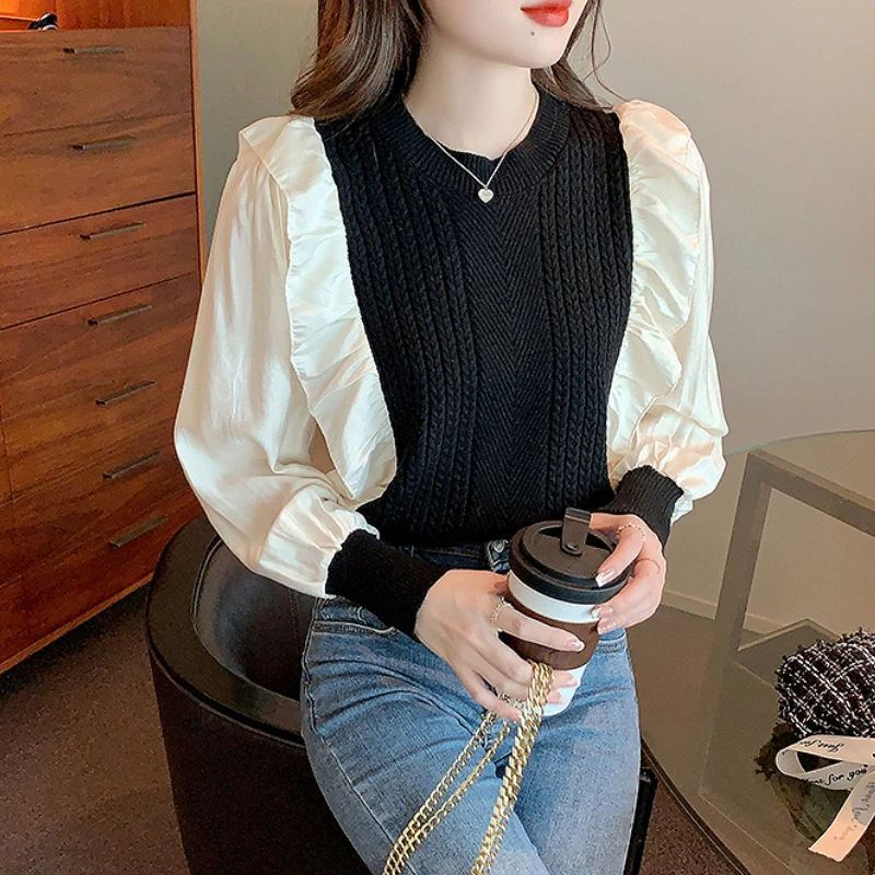 Ladies Fashion Knitted Pullover Sweater Women Clothes Female Girls Casual Warm Fold Stitching Sweaters Cheap Wholesale PAHC2578