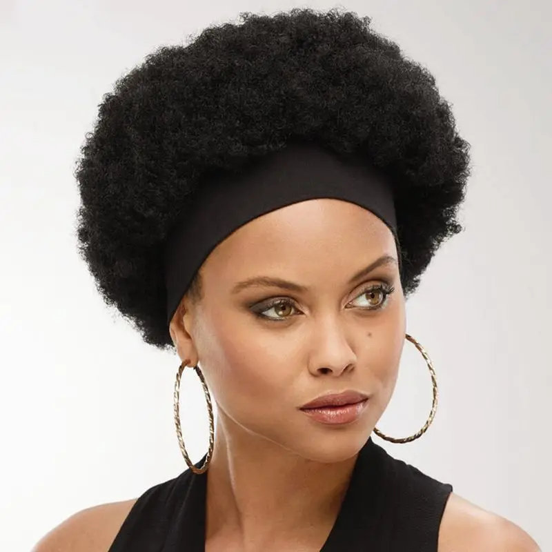 Afro Short Kinky Curly  Headband Wigs Head Wrap Wig Brazilian Synthetic Hair Wigs Bob Scarf Wig for Black Women