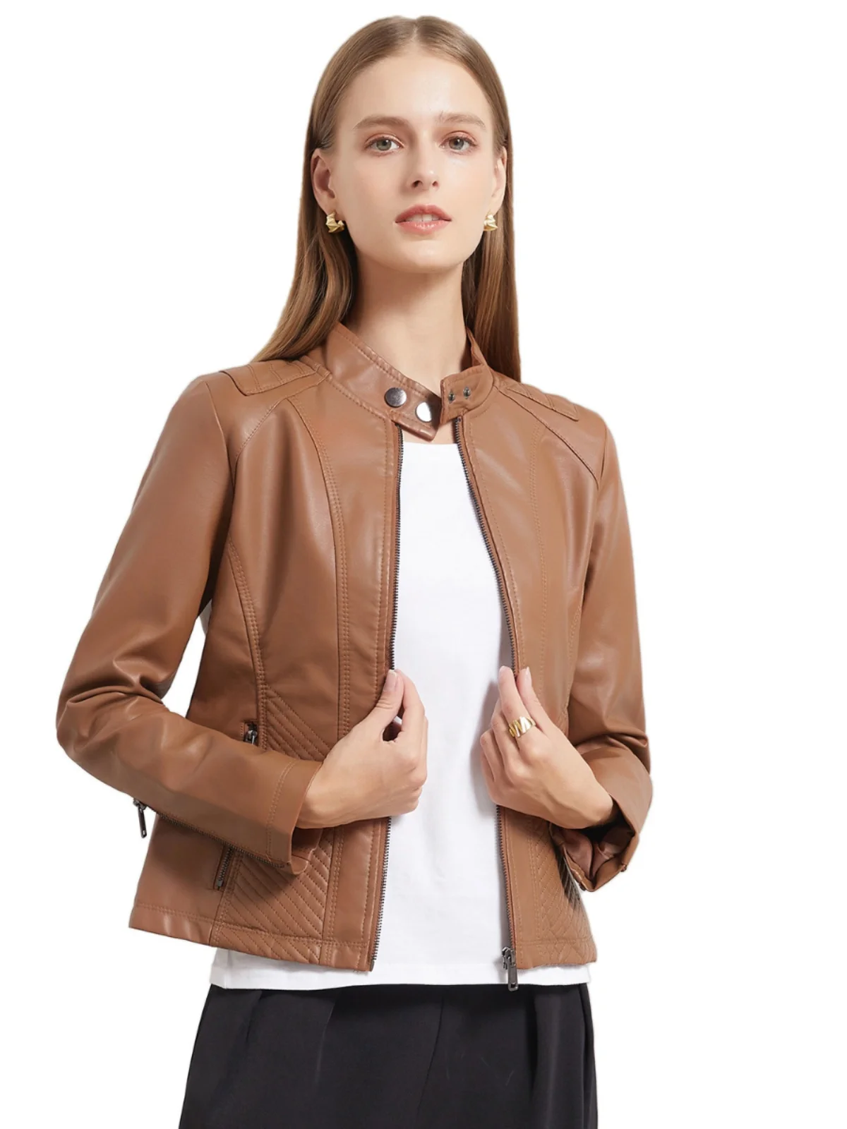 

Модная тонкая кожаная куртка Slim Fit из искусственной кожи с длинными рукавами, на молнии, для повседневной носки, в мотоциклетном стиле