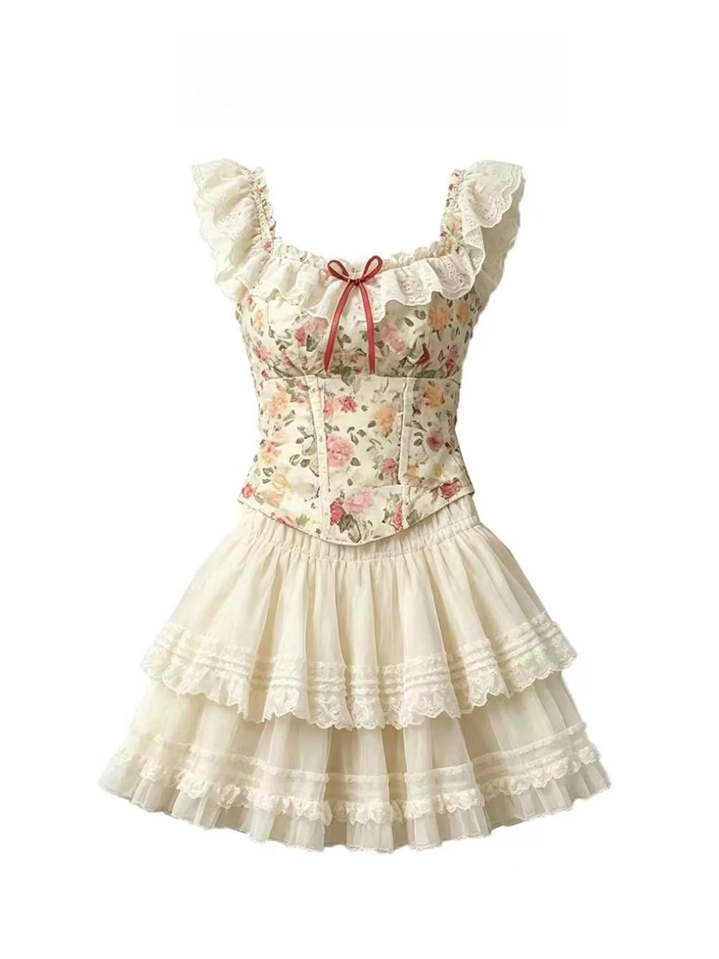 Summer Sweet Floral One Shoulder Netting Cake Skirt Two Pieces Set Women's Fashion Ensemble Breathable Lightweight Casual Wear