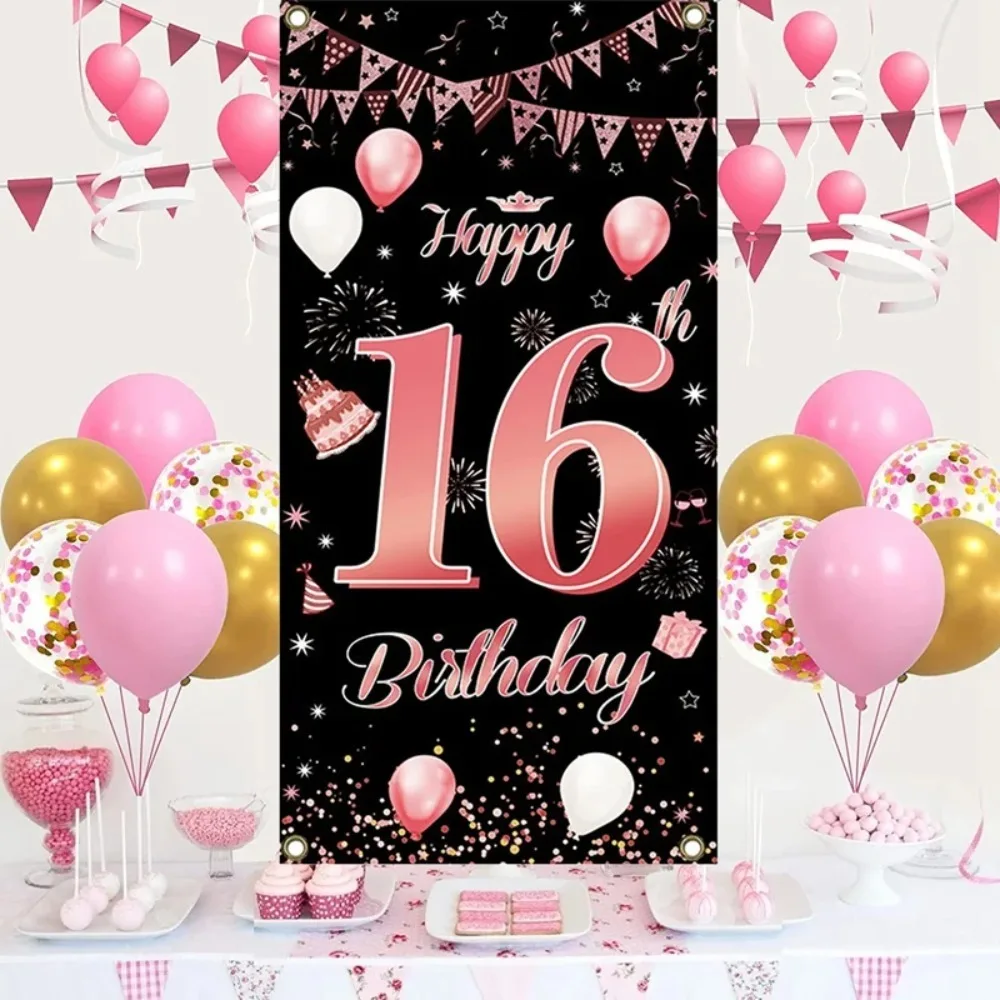 Glitter Pink Happy Birthday Photography Backdrop Celebrate Polyester Party Hanging Banner 90*185cm DIY Crafts