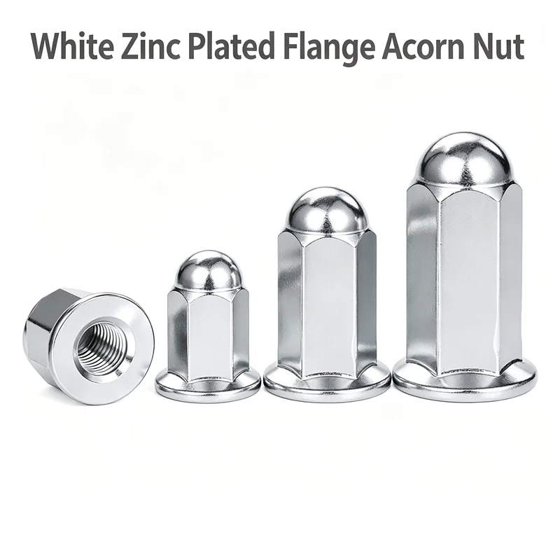 White Zinc Plated Flange Acorn Nut M5 M6 M8 M10, Carbon Steel Extended Heightened Cap Nut for Motorcycle Cylinders