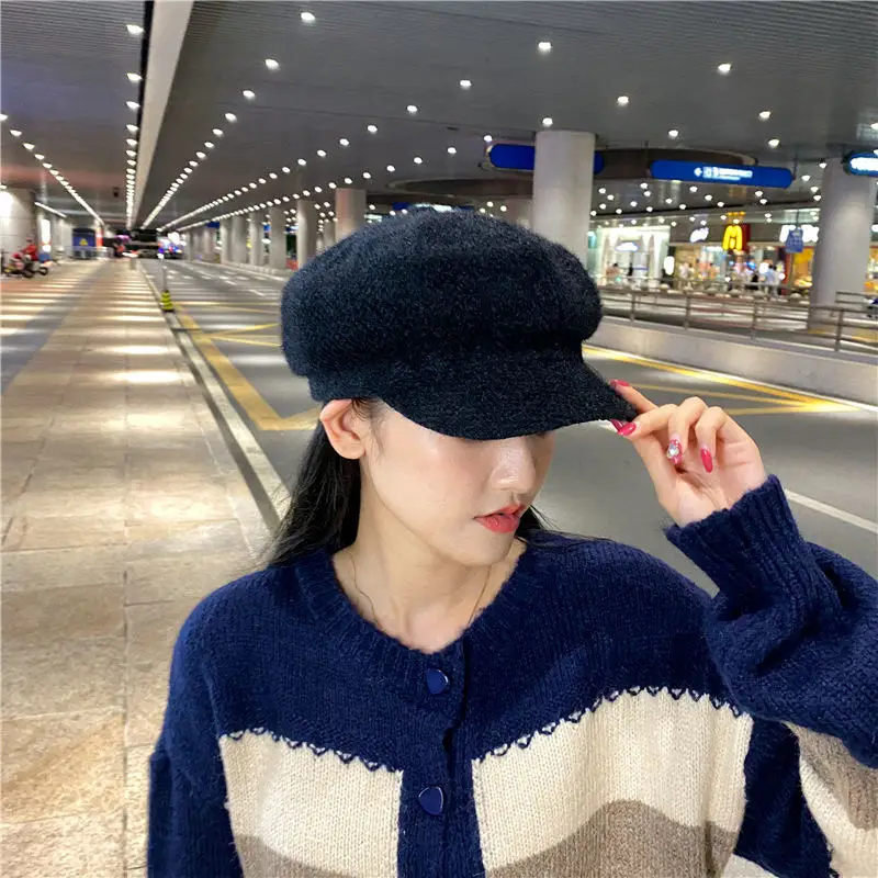 Mink Fur Octagonal Hat Baseball Cap for Women Spring Solid Color Warm Adjustable Pumpkin Beret Mountaineering Outdoor Chapeau image 6