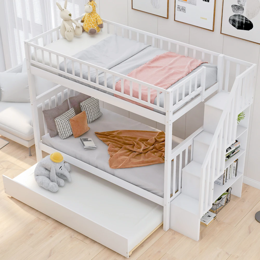 Children Beds Twin Over Twin Bunk Bed with Trundle and Storage,Gray Kids Bed for Boys Bunk Beds for Kids Furniture Wooden Beds