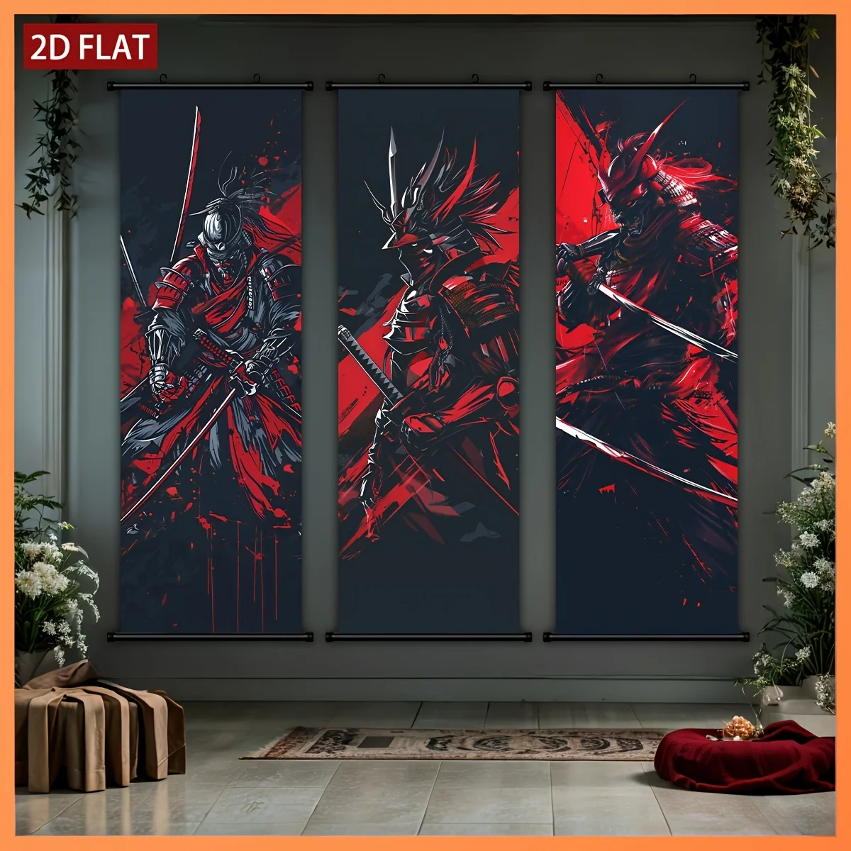 Red and Black Samurai Armor Sword Scroll Tapestry High Definition Non Fading Wall Hanging Scroll Painting Room Decoration