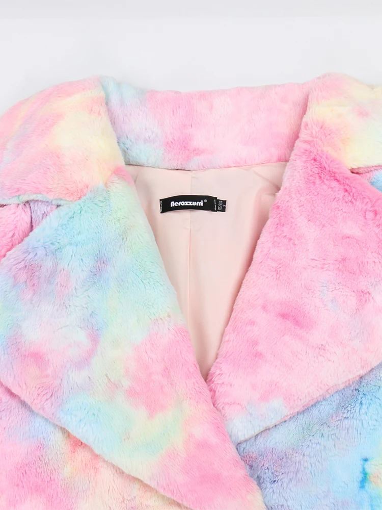 Nerazzurri Winter Long Colorful Oversized Thick Warm Faux Fur Coat Women Pockets Tie Dye Luxury Designer Runway Fluffy Jacket