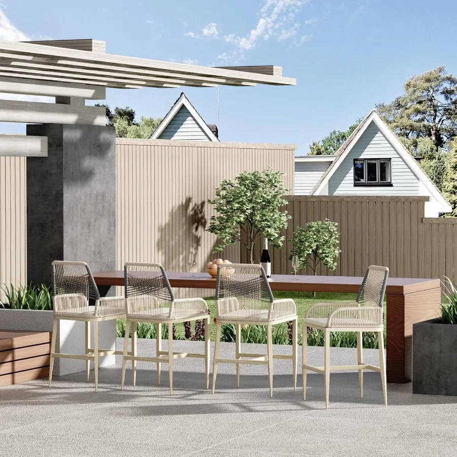 Outdoor Bar Stools Set of 2 Aluminum Rattan Counter Height Bar Stools with Removable Cushion Boho Style Barstools for Patio Kit