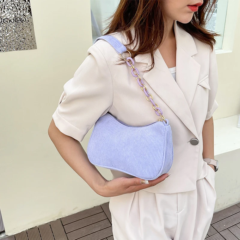 Fashion Vintage Women Handbags Corduroy Underarm Bag Casual Women Shoulder Bags Solid Color Zipper Female Handbag Clutch