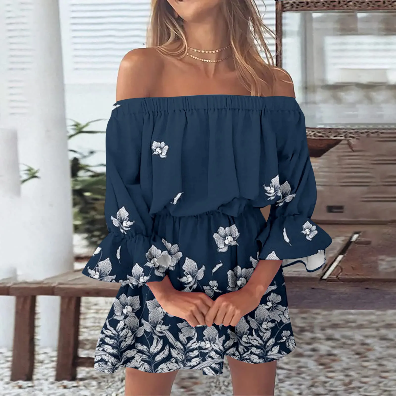 Damen Sommer sexy Boho Kleid Frauen verlieren schulter freie Rüschen Flare Ärmel lässig Strand kleider weibliche Blumen Mini kleid