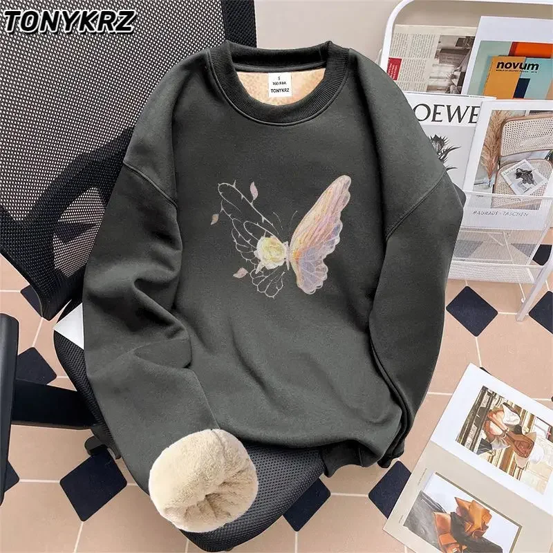 سويت شيرت برقبة دائرية بتصميم كلاسيكي أمريكي مطبوع عليه فراشة للنساء مع صوف خروف وقميص مخملي XQ135 #6