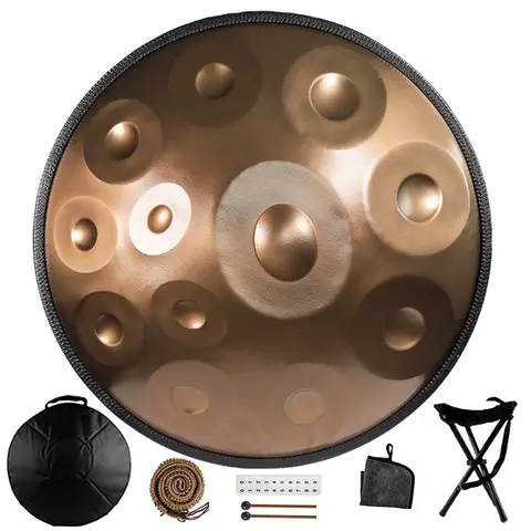 Handpan Drum in D Minor Kurd 9 10 12 Notes 440Hz 22 Inches Steel Hand Drum with Edge Woven Rattan for Professional Performance