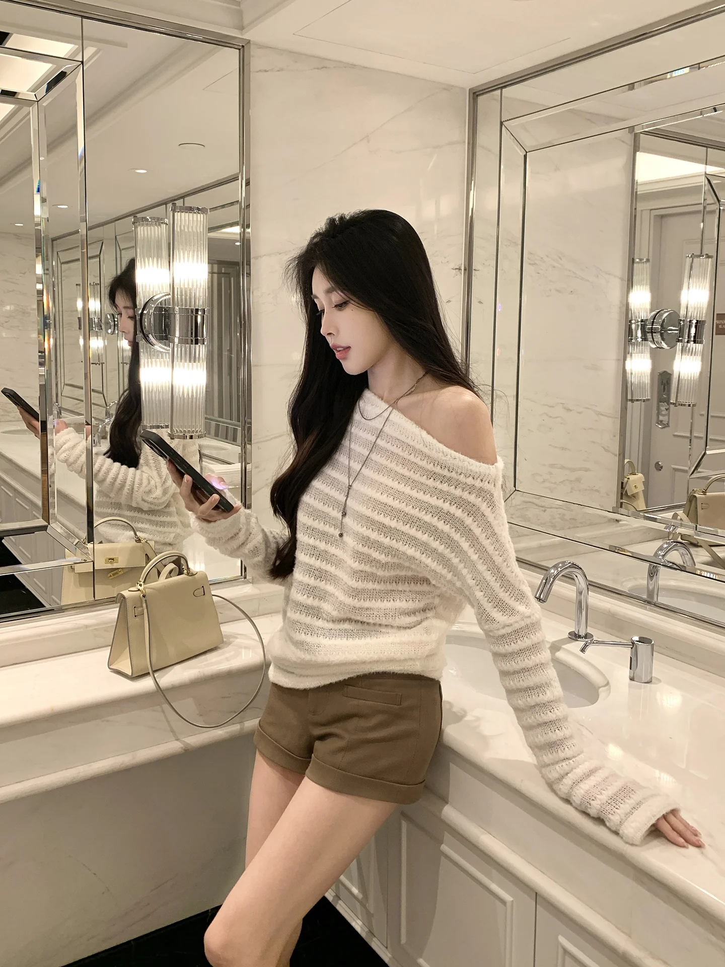 

He Chenxi Textured Hollow out oulder Design Lazy Loose Women's Knitwear Spring 2026 Long Sve Casual Sle Polyester Fiber