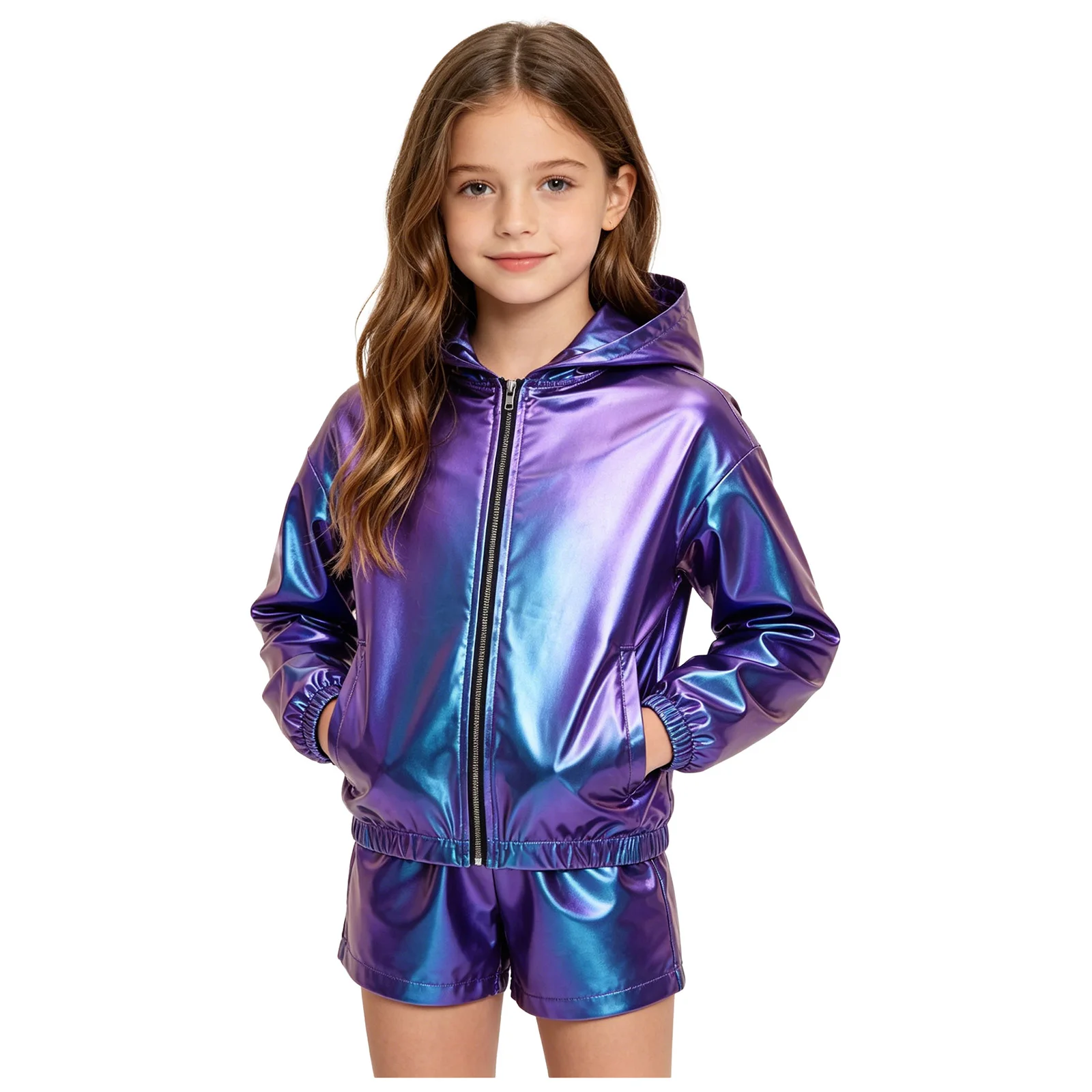 Kids Girls Metallic Hooded Jacket Long Sleeve Zipper Shiny Coat Outerwear for Hip Hop Disco Dance Stage Performance Daily Life