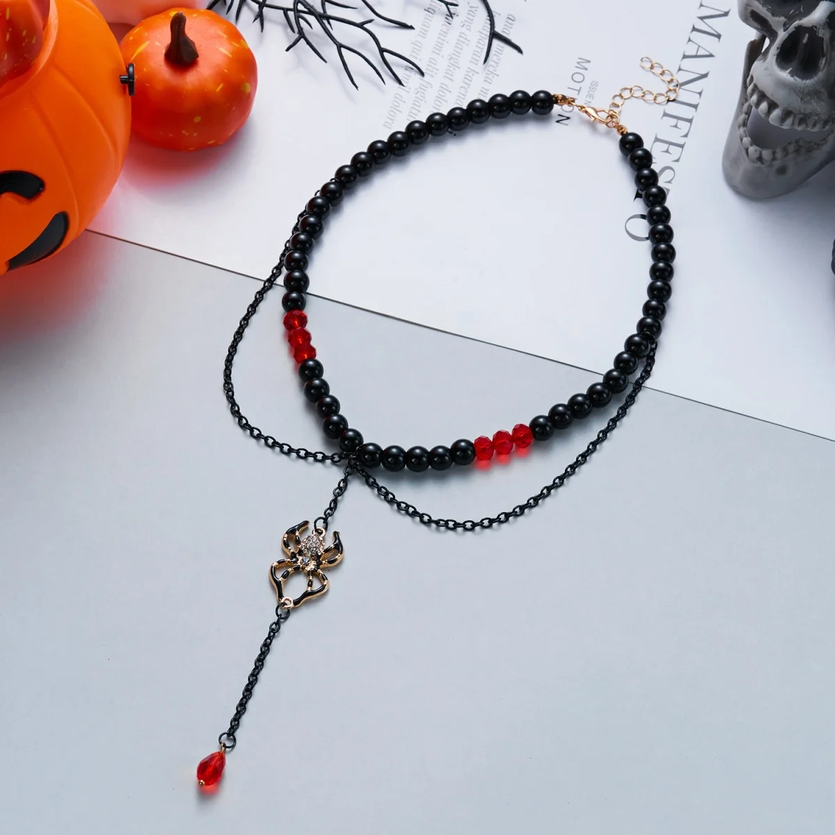 Gotische Cosplay-Halskette mit einzigartigen roten Kristallperlen und Quasten für Damen, Halloween-Fledermaus-Totenkopf-Kürbis-Choker, Punk-Party-Schmuck – Detail 21