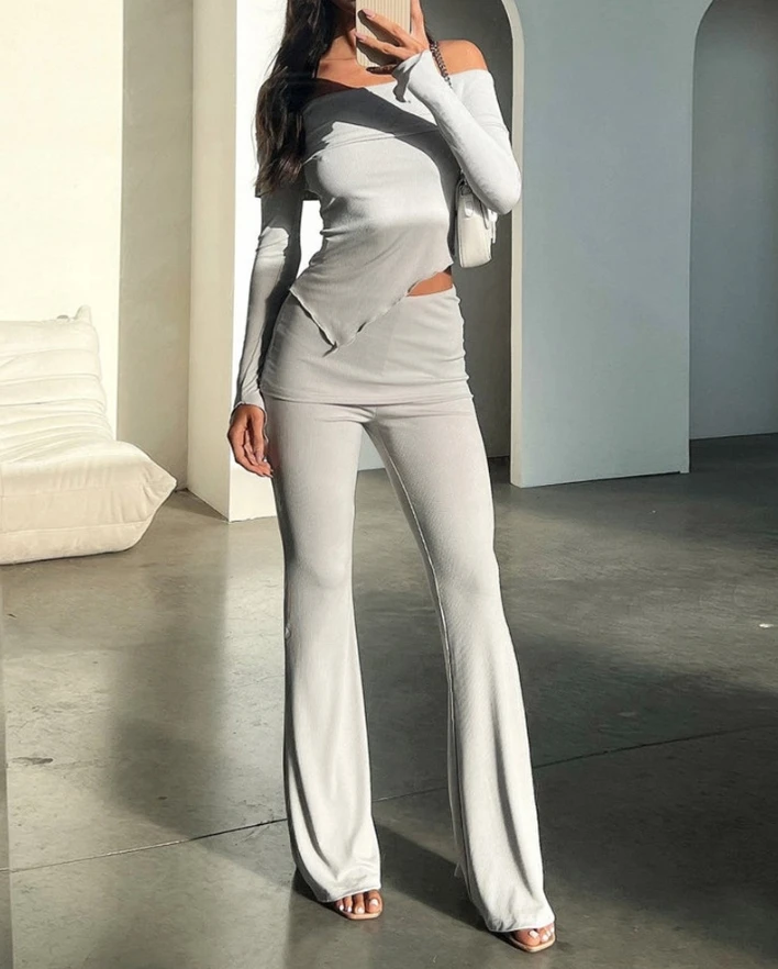 Women Style Set 2024 Spring/summer Latest Casual Off Shoulder Hanky Hem Long Sleeved Top&skinny Comfortable Versatile Pants Set