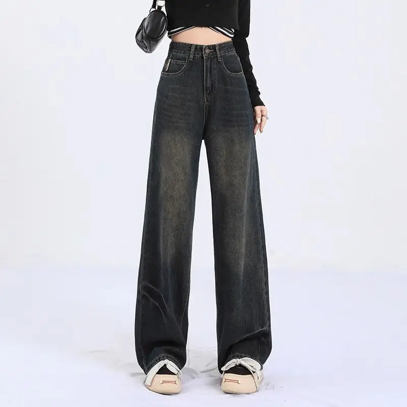 Spring And Autumn Retro High Wide-Leg Jeans For Women 2025 Trend New Small Size American Style Loose Straight Pants