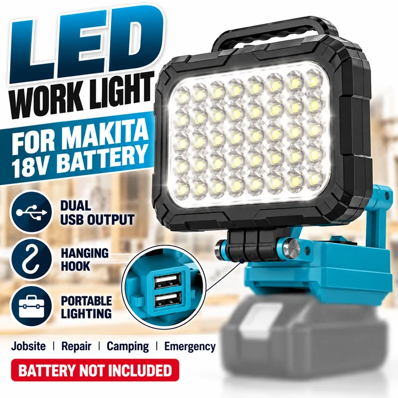 LED Work Light For Makita 18V Battery Portable Construction Lamp With USB Output Hanging Hook for Jobsite Repair Camping Emergen